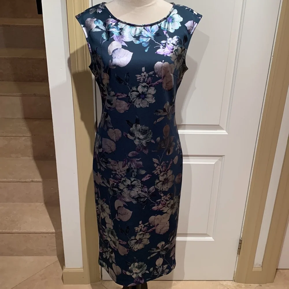 NEW YORK & CO.Metallic floral teal dress w/ metallic flowers. Midi, Size S. - Picture 7 of 13